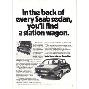 1973 Saab 2 Door Coupe Vintage Print Ad Alpine Snow Skis Winter 70s Wall Art